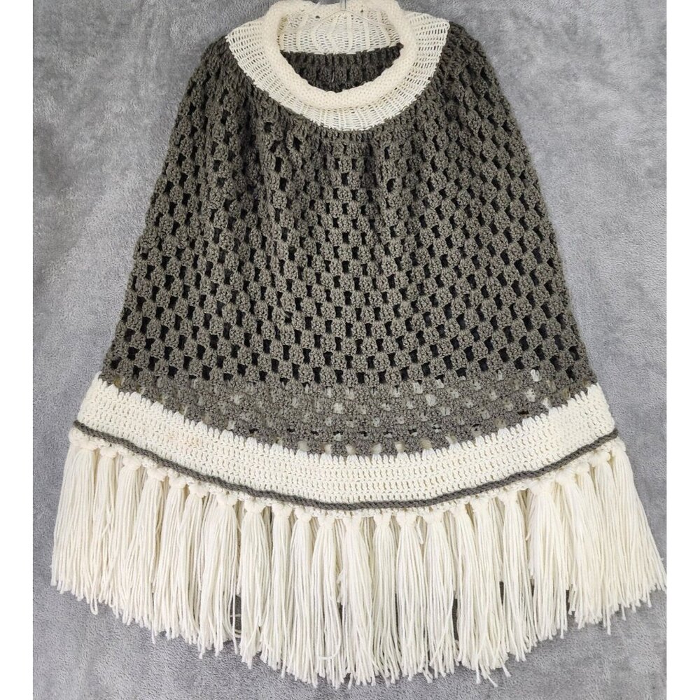 Womens Sweater Shawl Olive Green One Size Open Knit Fringed Winter Cape Poncho - Picture 1 of 8